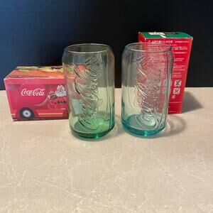 Vintage Coca Cola can shape glasses green Lot of 2 japan McDonalds collaboration